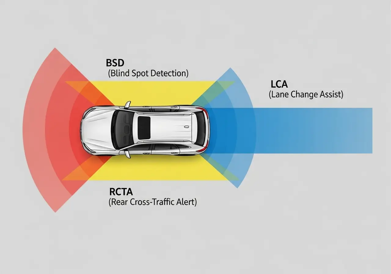 Diagram showing the different detection zones (Blind Spot, LCA, RCTA) around an SUV