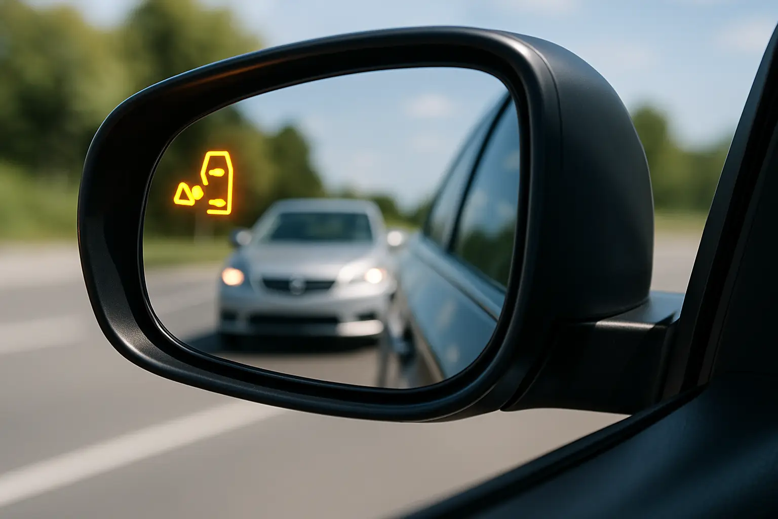 alt text="A car's side mirror with an integrated blind spot warning light on