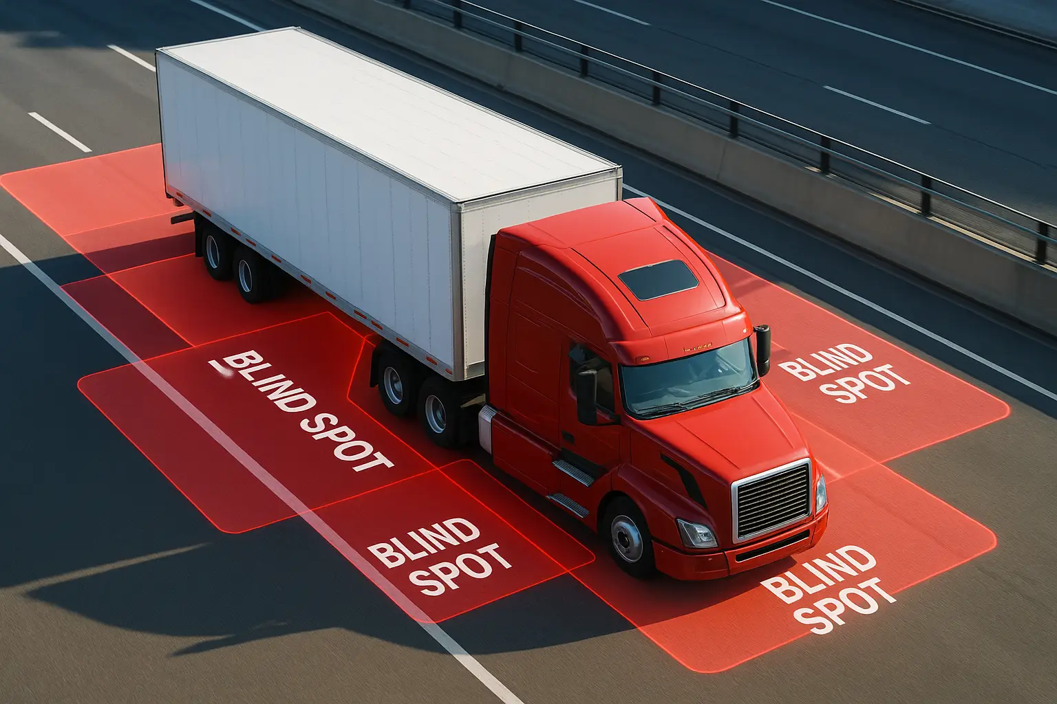 A large truck on a highway with digital overlays showing its extensive blind spots
