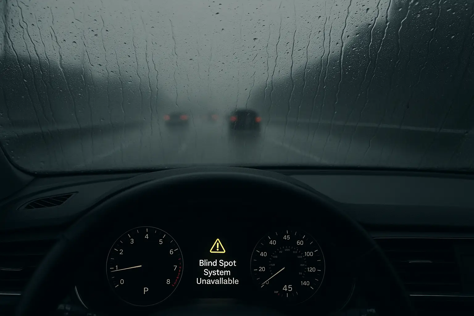 Car driving in heavy rain with a warning on the dashboard about sensor obstruction
