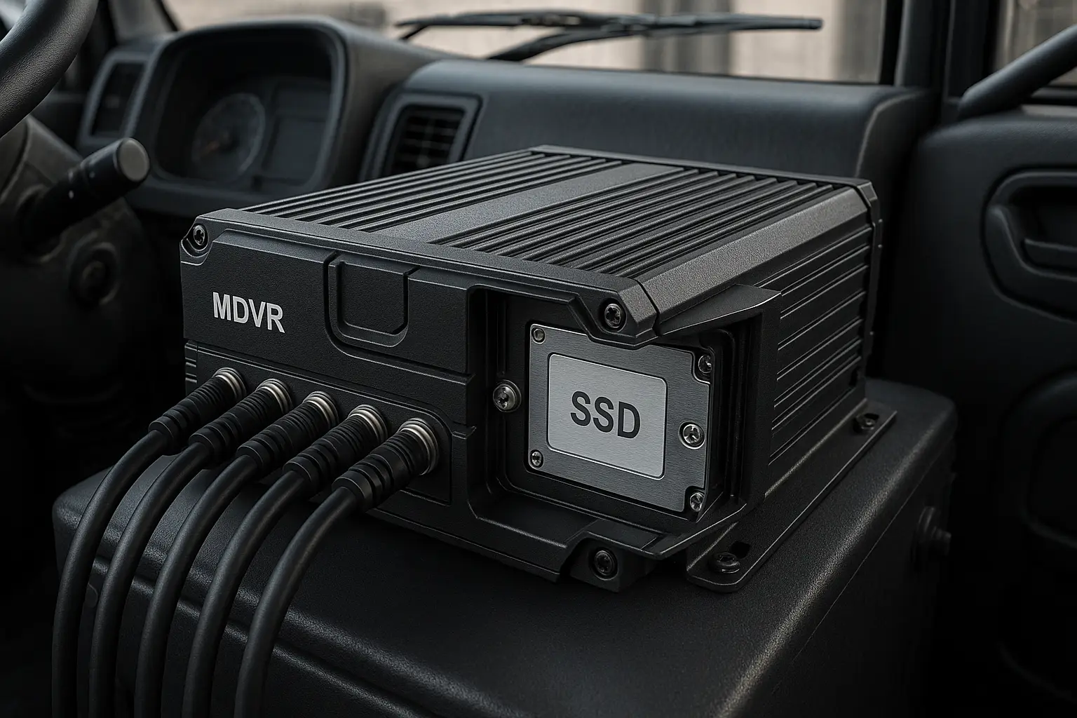 A rugged multi-channel MDVR unit with its internal SSD visible, installed in a commercial vehicle
