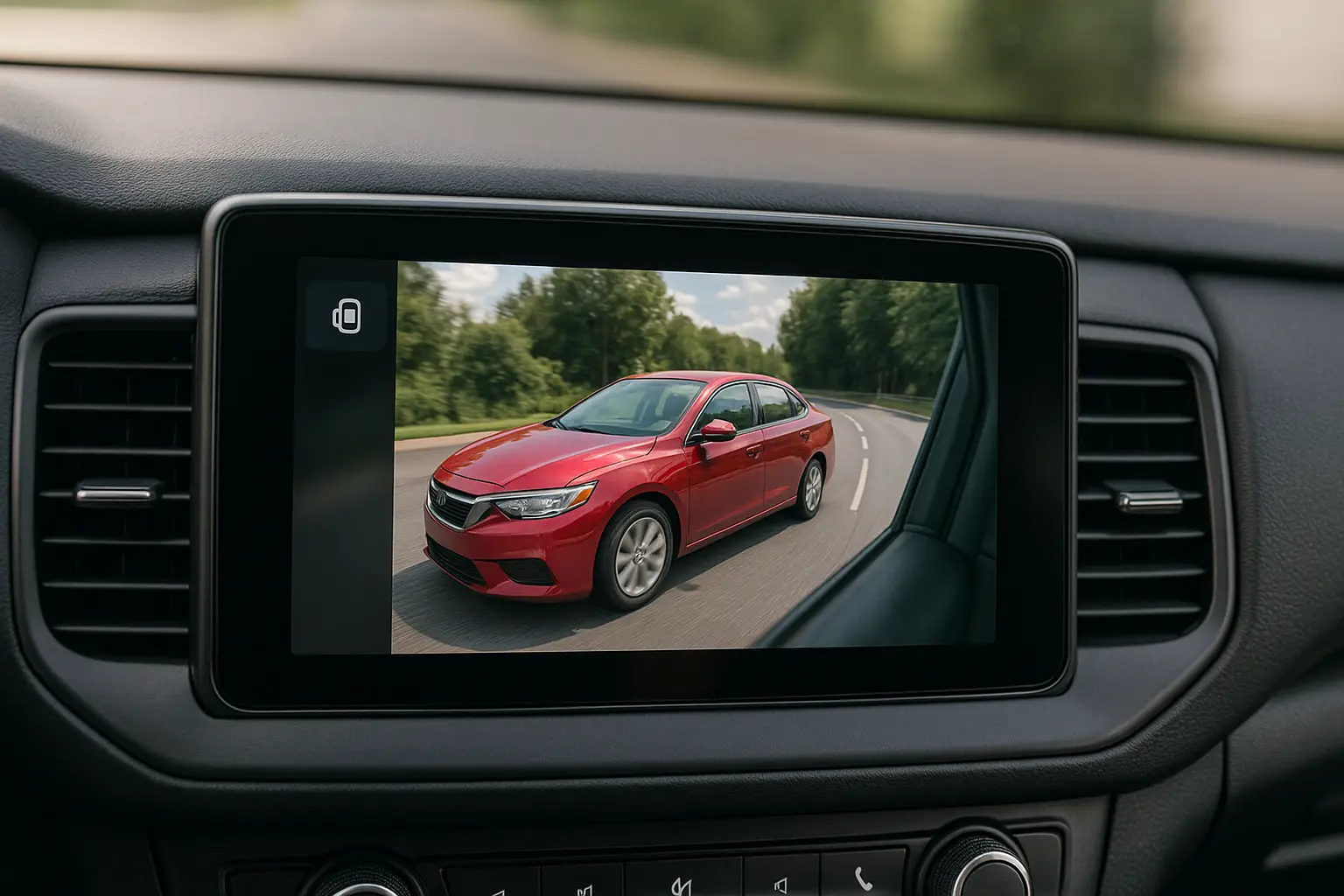 alt text="A car's infotainment screen showing a live camera feed of the blind spot