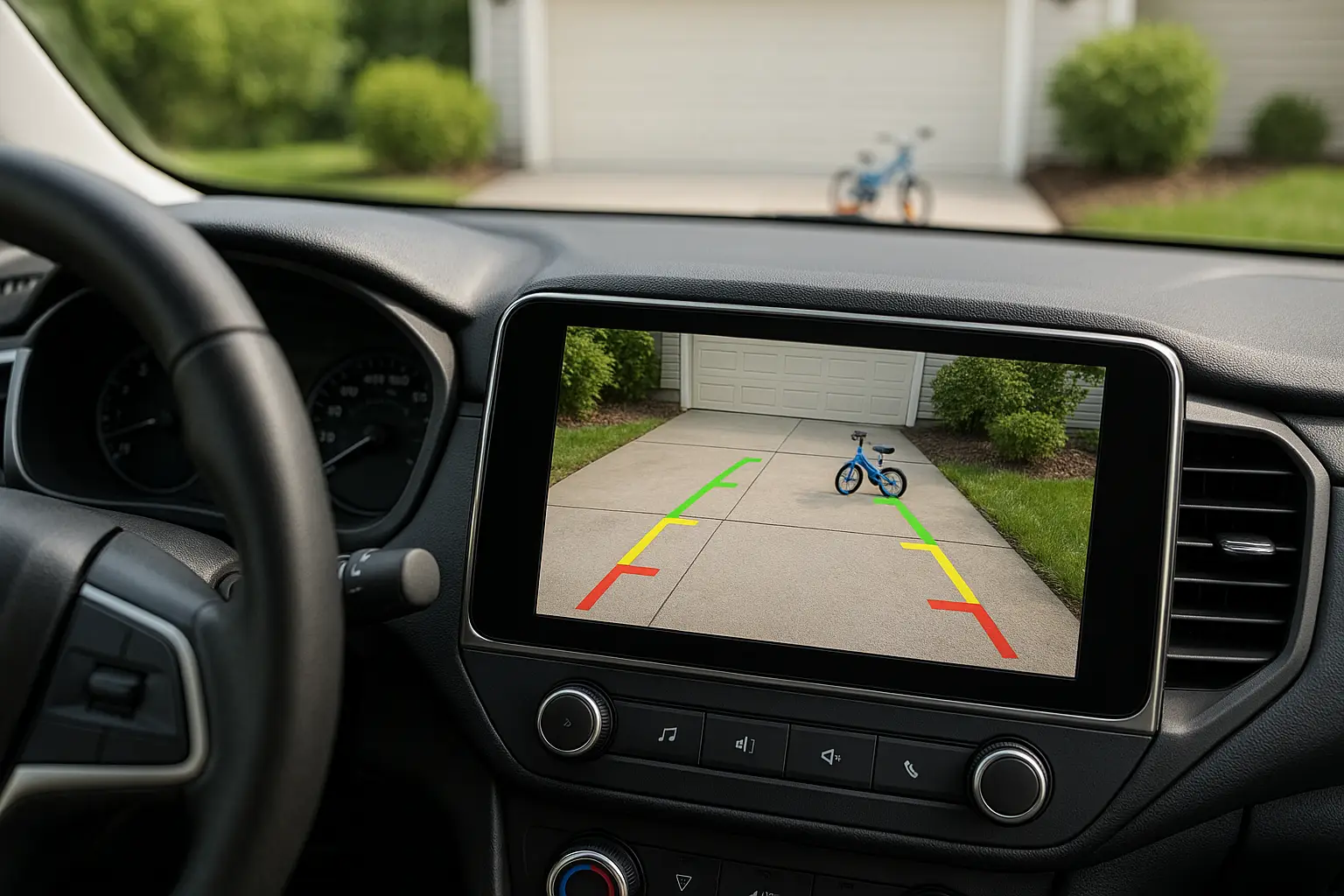 A car's dashboard screen showing a clear, wide-angle view from the backup camera with guidelines