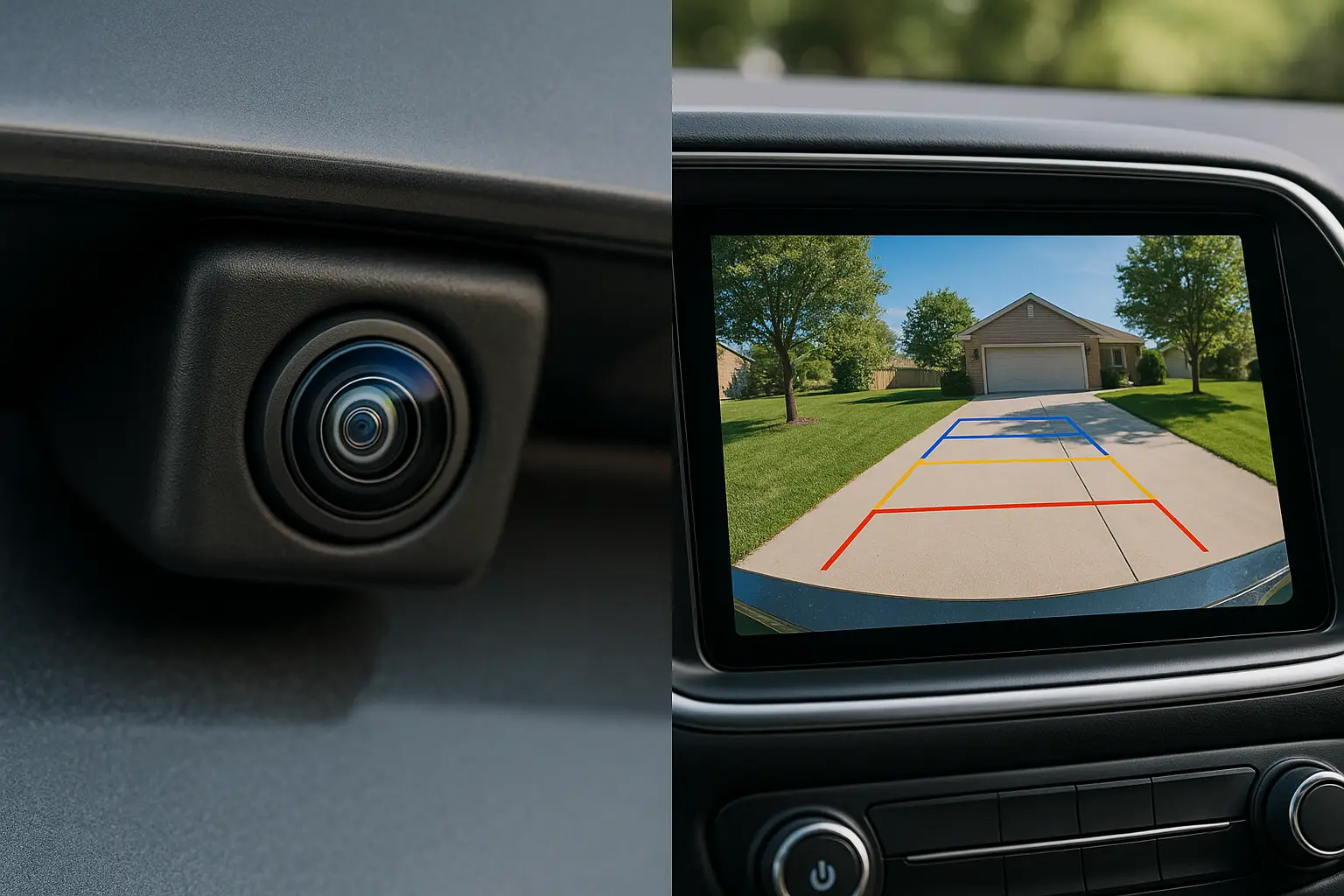 a clean backup camera lens on a car with a crystal-clear view on the infotainment screen