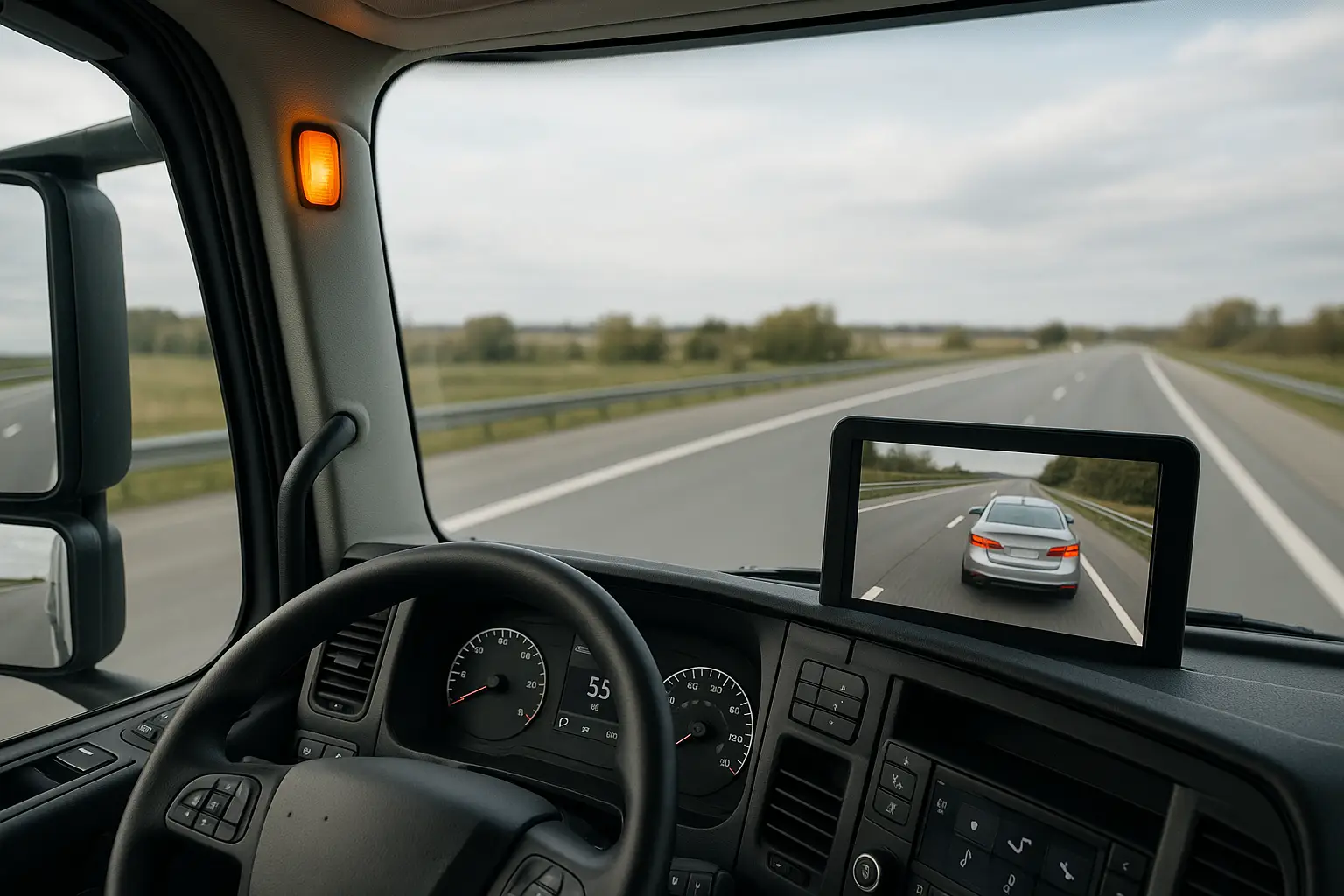 A truck dashboard view showing an integrated monitor with blind spot alerts on the A-pillar