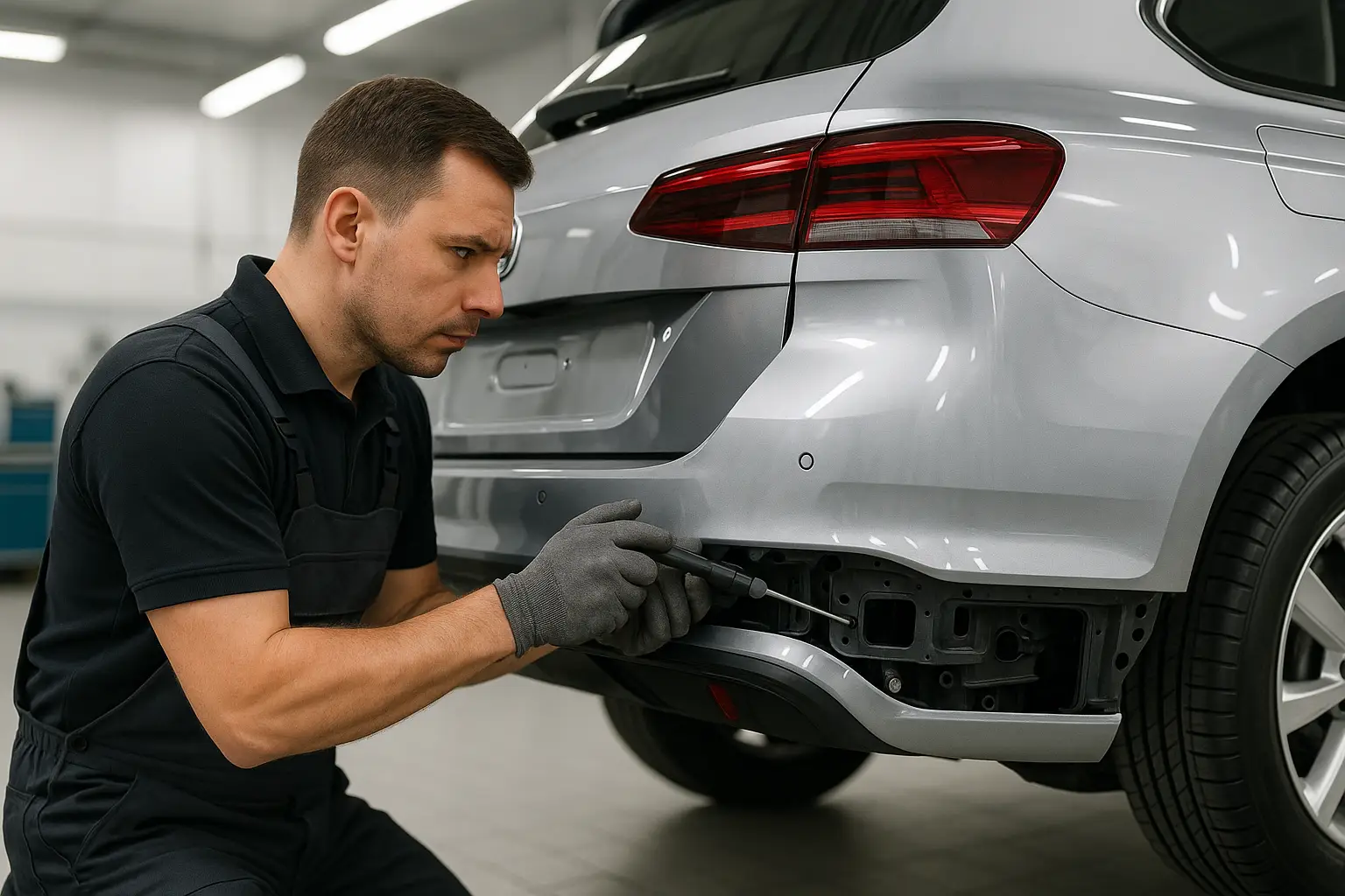 A technician carefully removing a car's rear bumper to install sensors