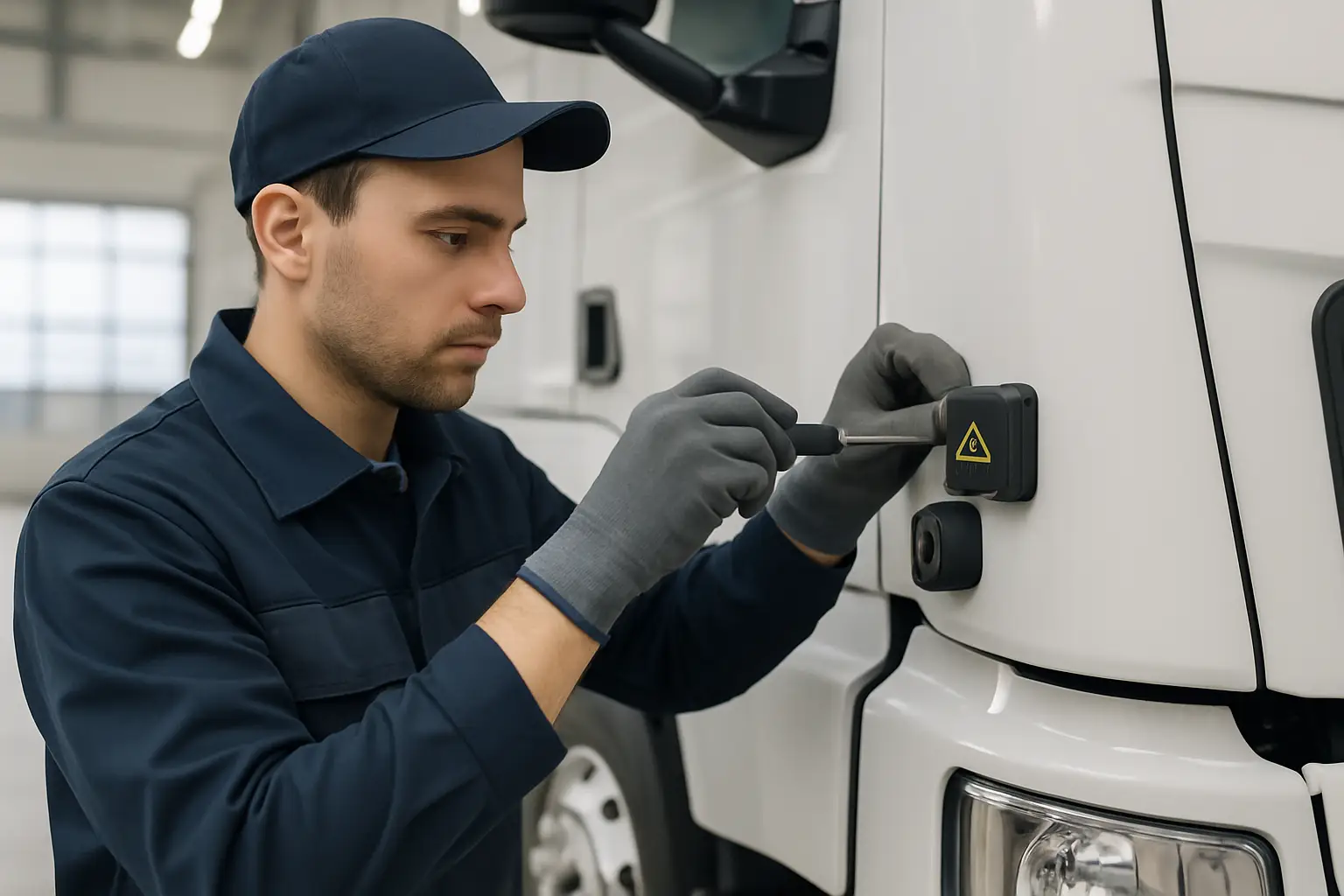 A technician carefully installing a blind spot sensor on the side of a large truck cabin