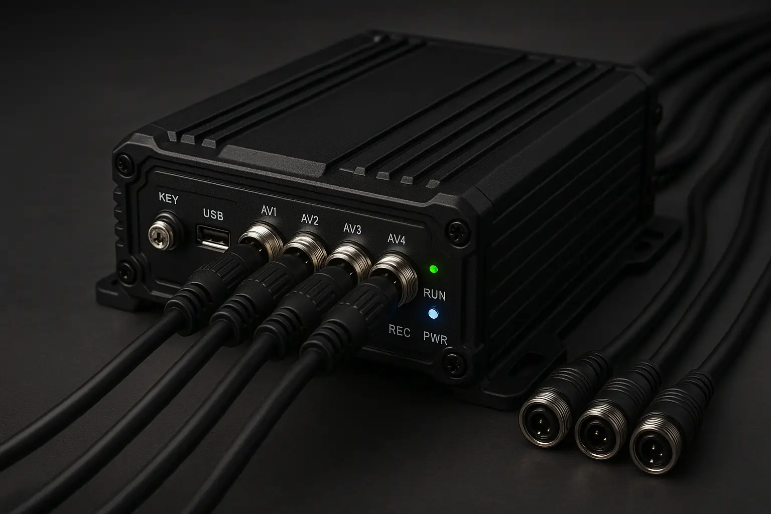 A multi-channel DVR unit connecting several cameras from a commercial truck