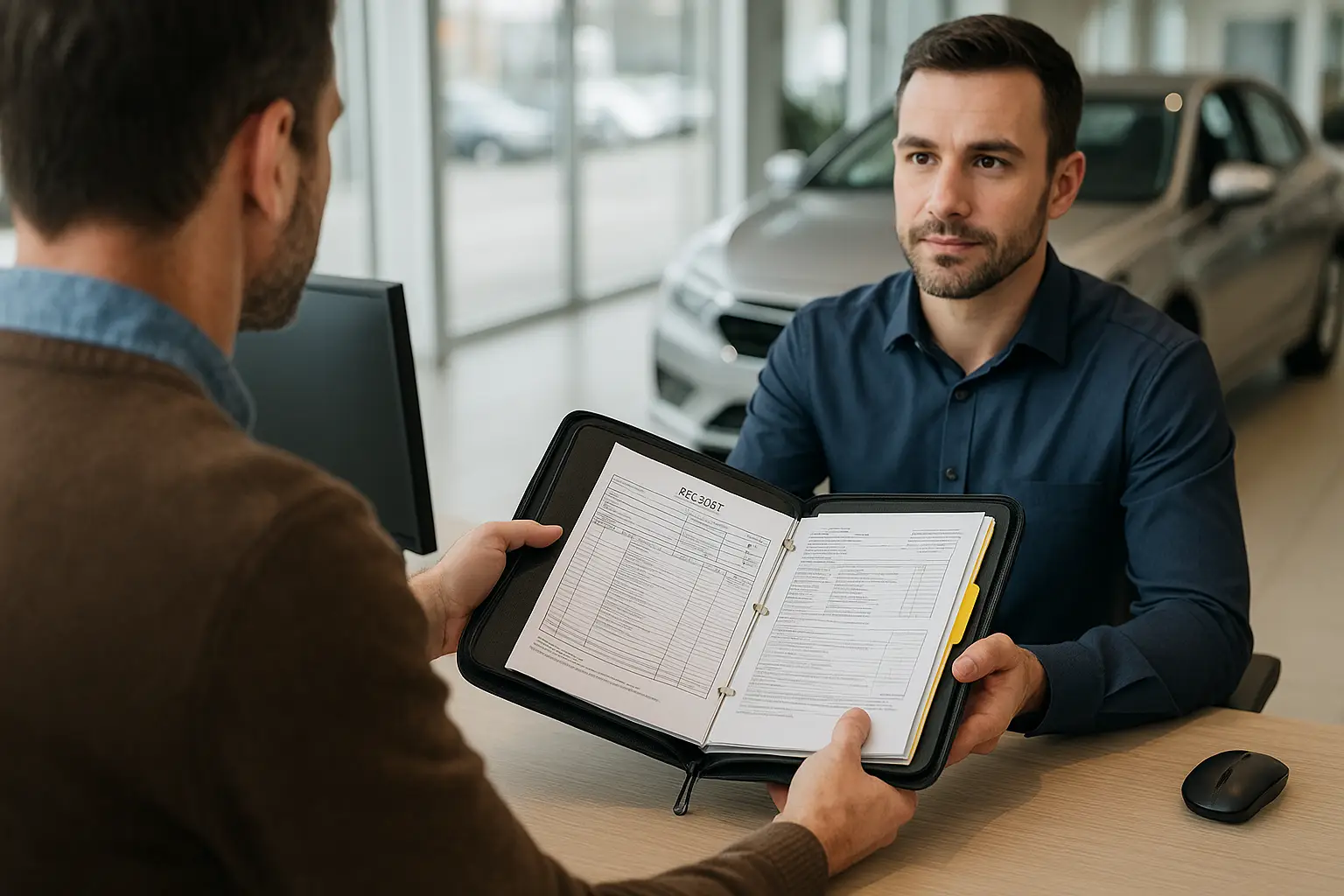 A person at a service desk calmly handing over a folder of receipts