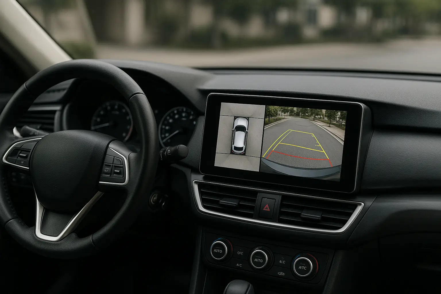 A commercial truck dashboard showing a 360-degree bird's-eye camera view