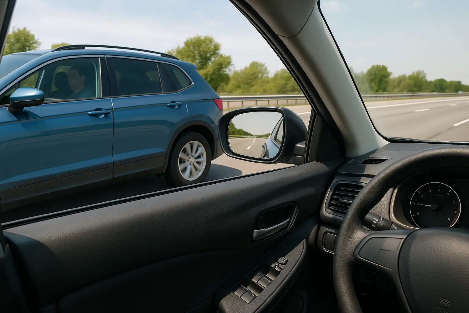 Two cars on a road, one in the other's blind spot, demonstrating a testing scenario