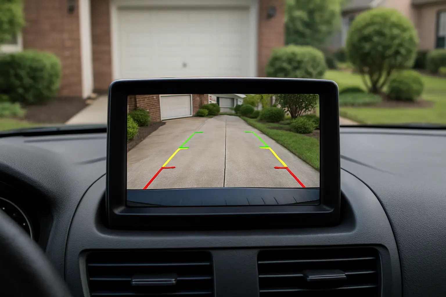 A car's backup camera view on a monitor, showing the bumper and parking guidelines