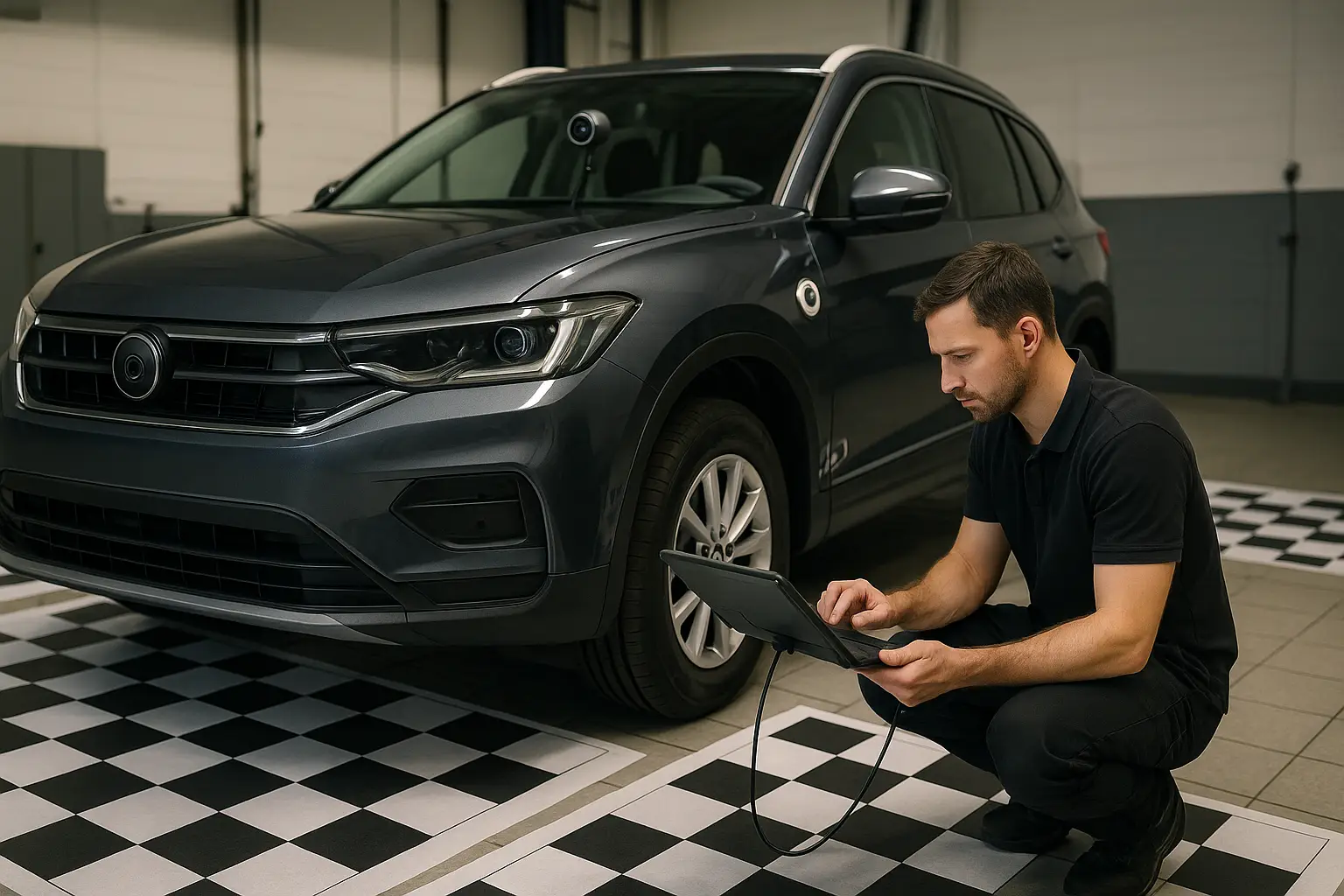 A photo of a professional technician using a calibration mat around a car