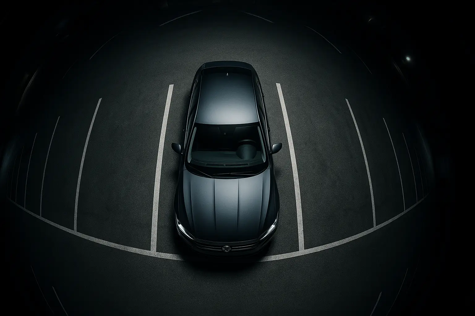 alt text: A crisp, high-definition bird's-eye view from a quality aftermarket 360 camera system at night.