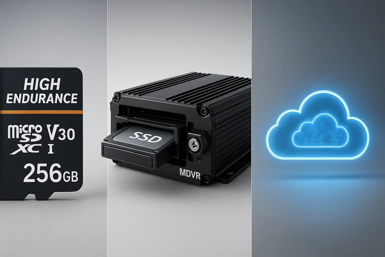 A split image showing an SD card, a mobile DVR hard drive, and a cloud icon