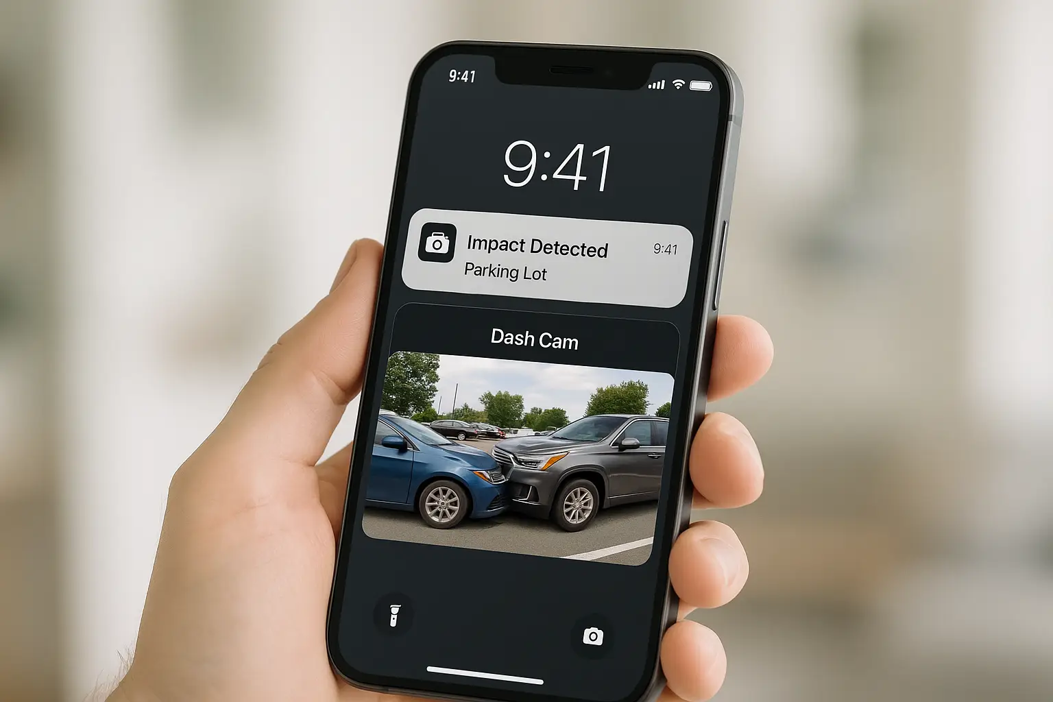 A smartphone showing a notification and video clip from a cloud-connected dash cam event