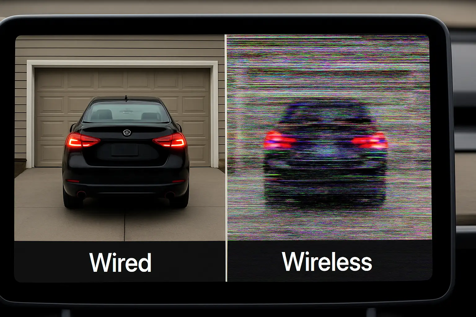 A split image showing a clear wired camera signal and a glitchy wireless signal