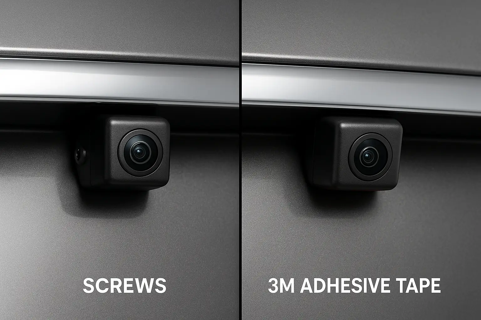 Split image showing a screw-mounted camera on one side and a tape-mounted one on the other
