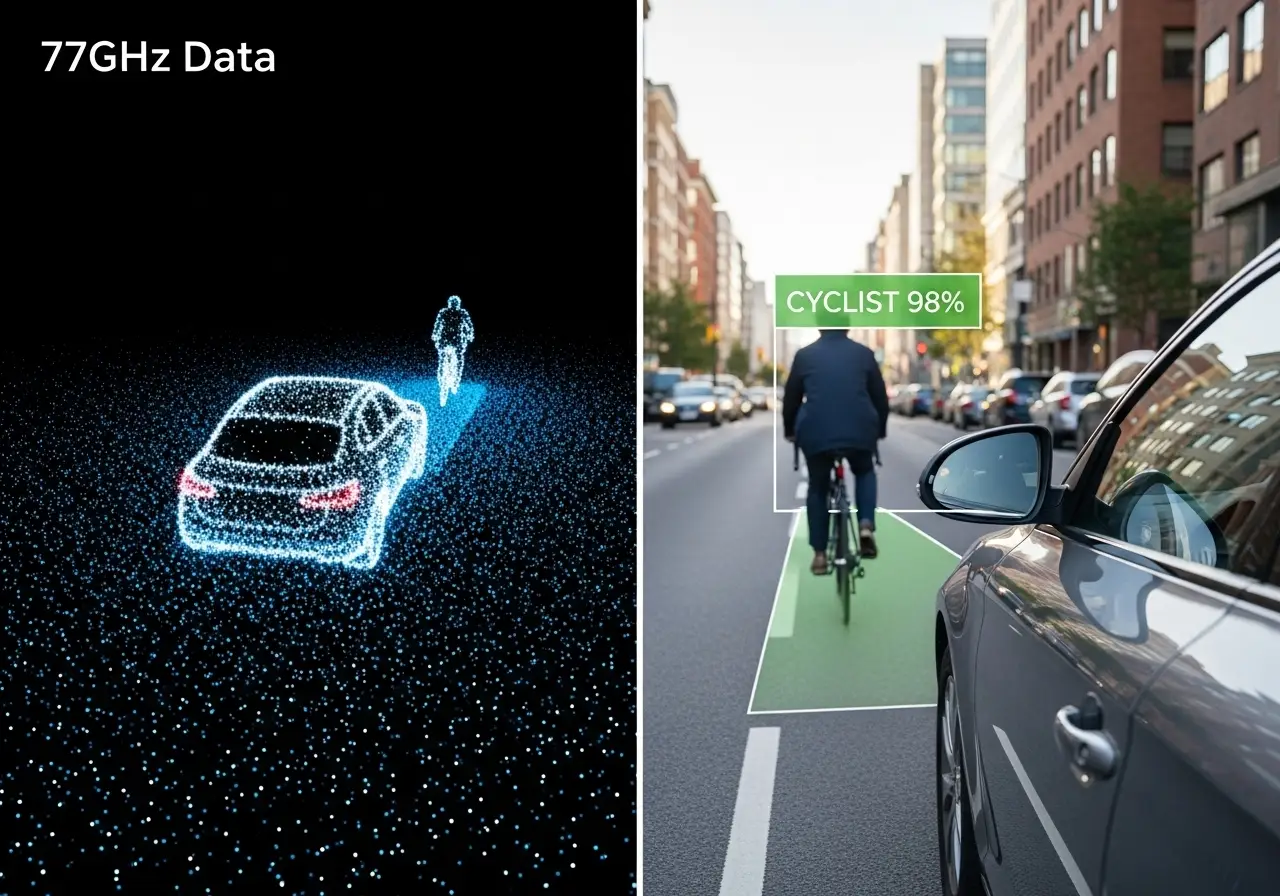 A split-screen image showing a radar's dot-cloud data and a camera's AI object-recognition boxes
