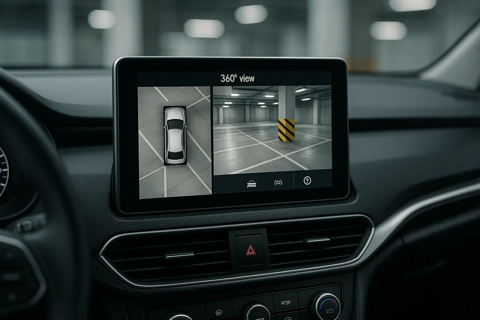A car's infotainment screen showing a 360-degree surround view