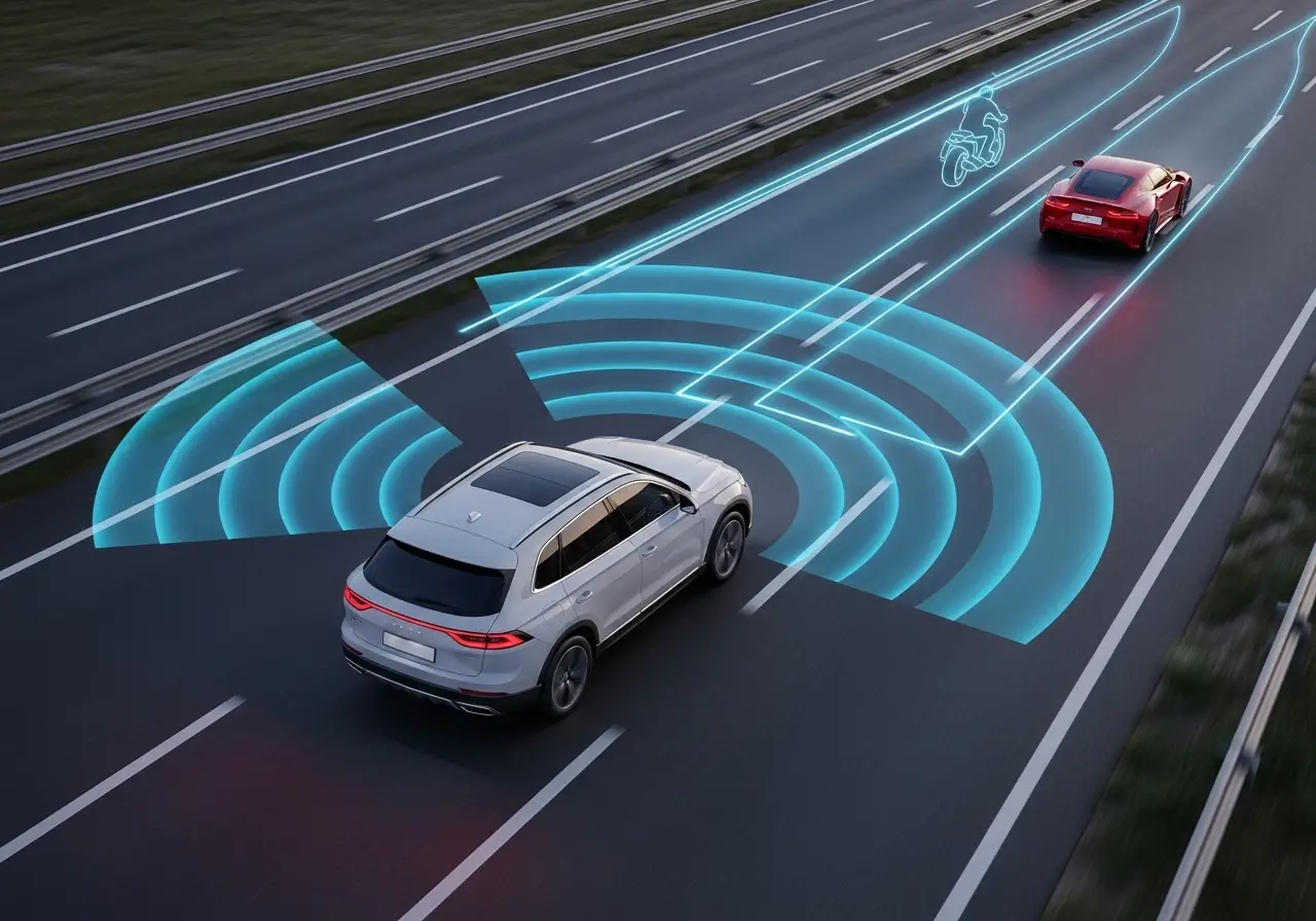 A detailed graphic showing 77GHz radar waves from an SUV detecting multiple targets