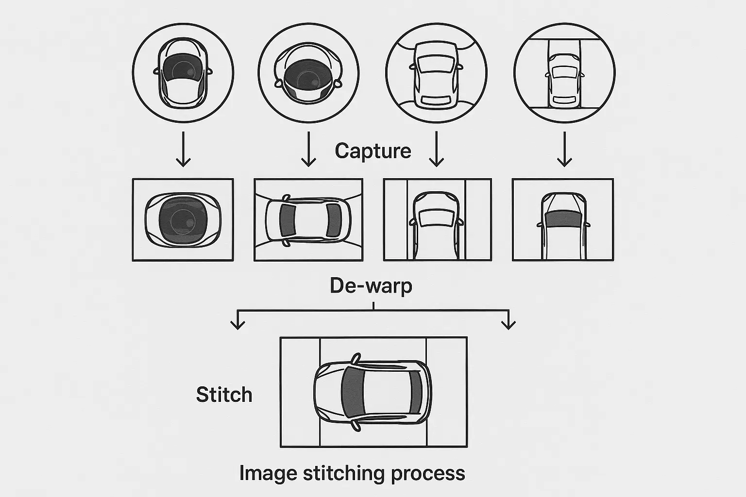 An animation or diagram illustrating the image stitching (https://www.trekview.org/blog/how-does-360-stitching-software-work/[^2] process from four camera feeds