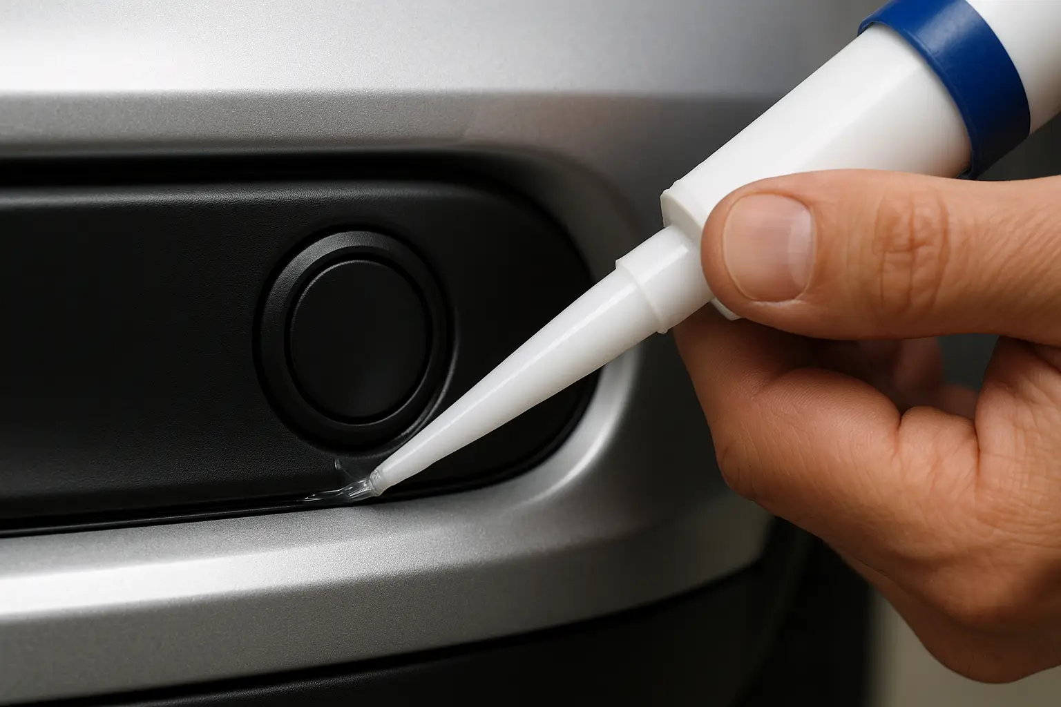 A hand applying silicone sealant around an installed blind spot sensor