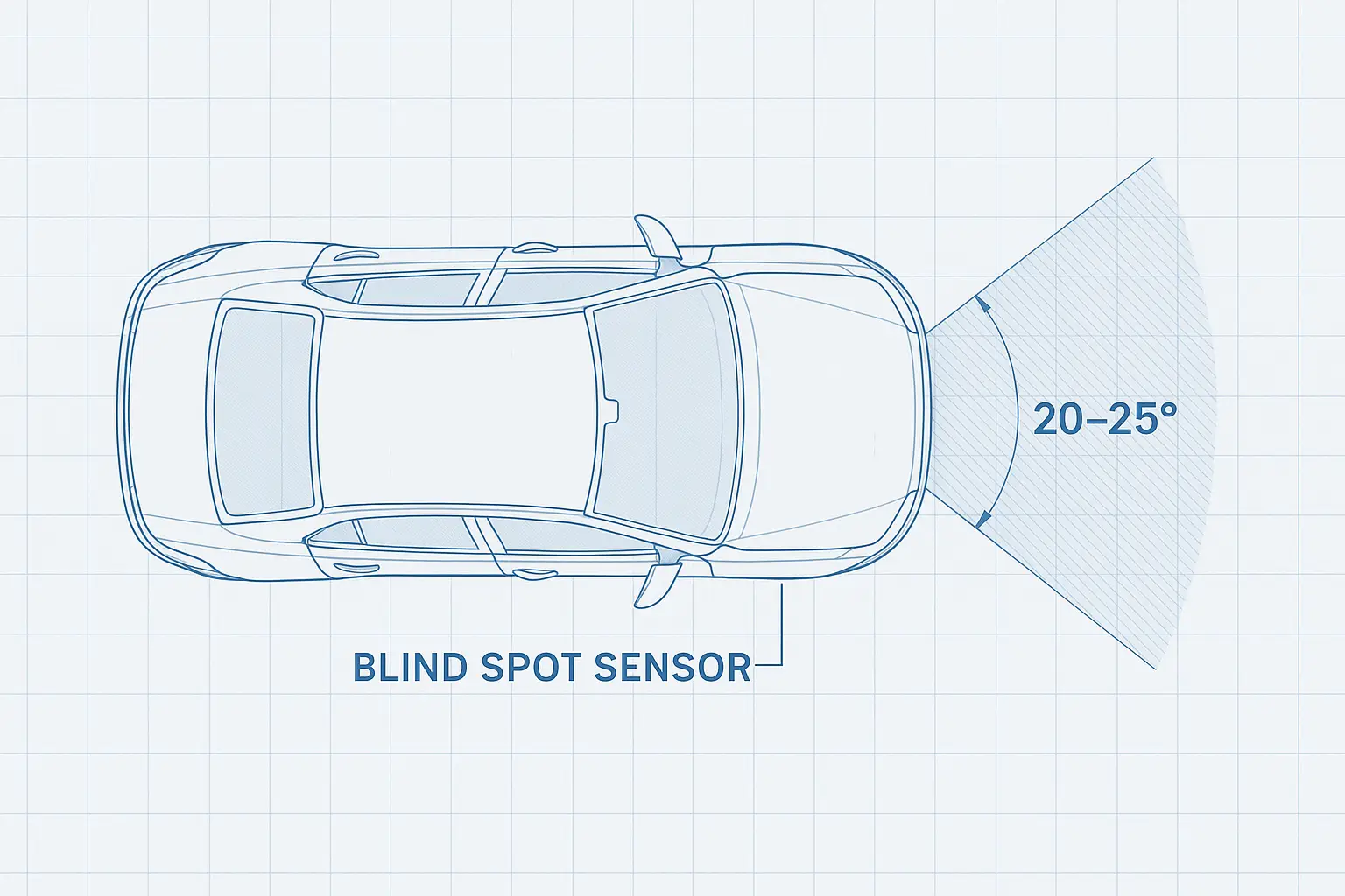 A top-down view showing the correct angle of a blind spot sensor beam