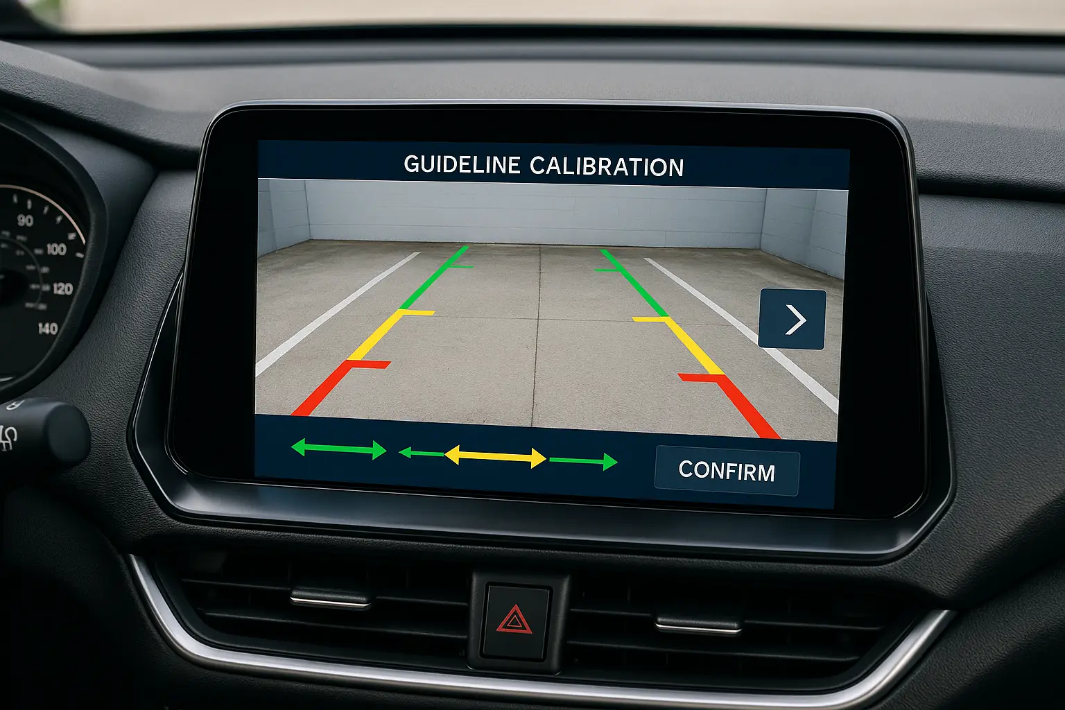 A car's infotainment screen in guideline calibration mode, allowing user to adjust lines