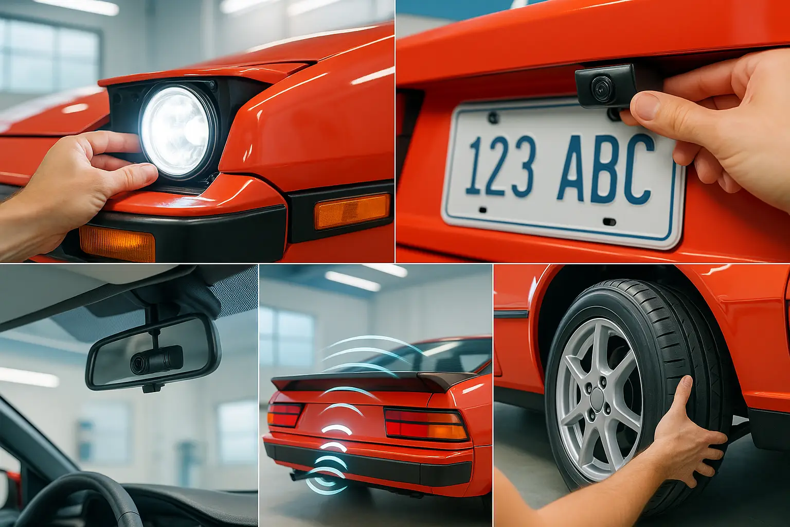 A collage of five key safety upgrades being installed on a classic car