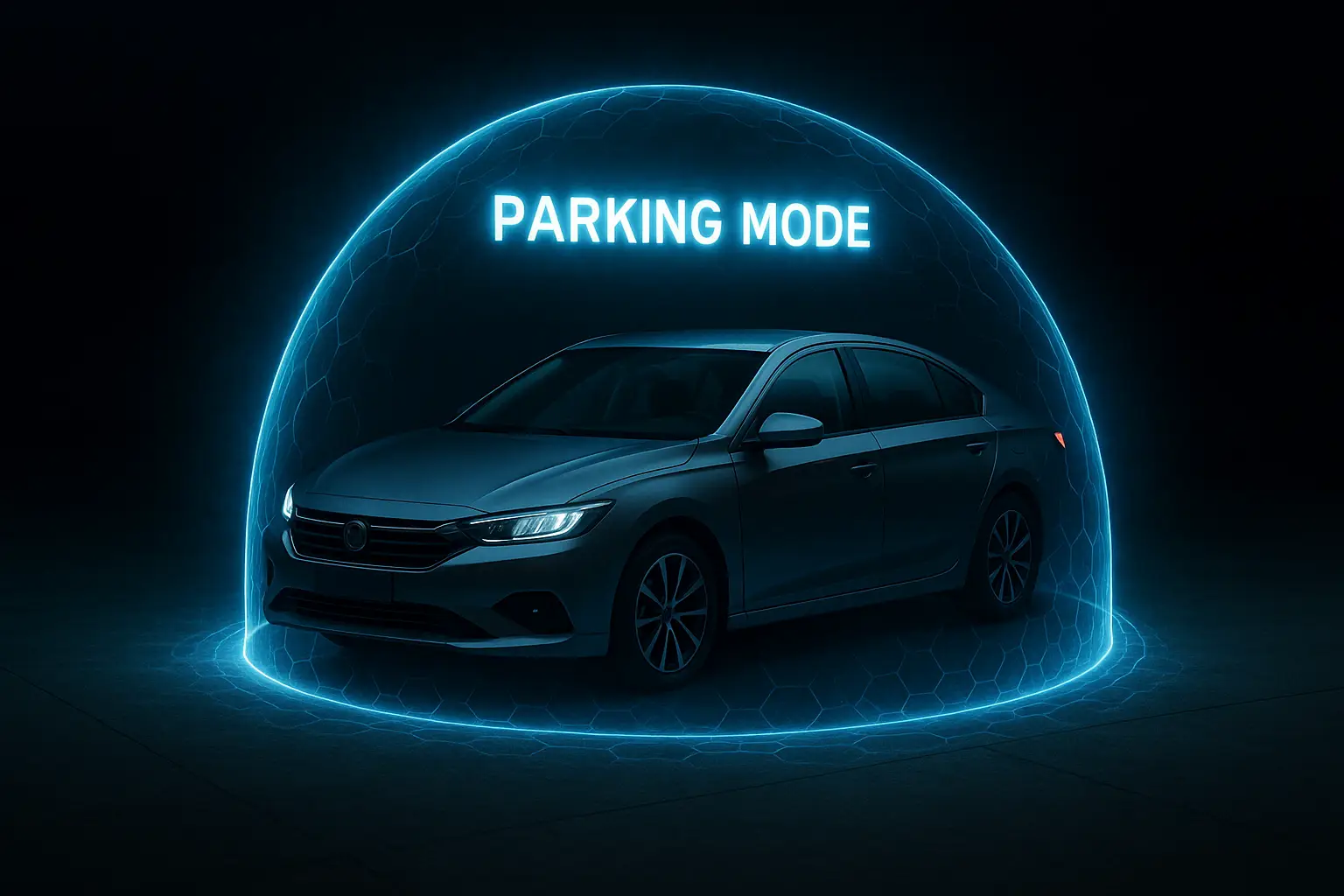 A car in a parking lot with an icon showing a protective shield around it