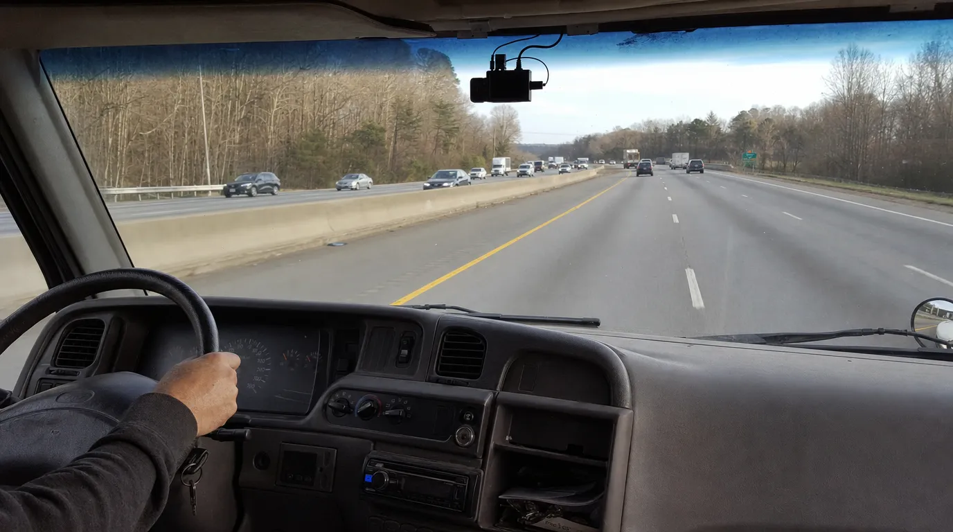 Aftermarket ADAS warning system showing forward collision warning and lane departure warning for an older vehicle