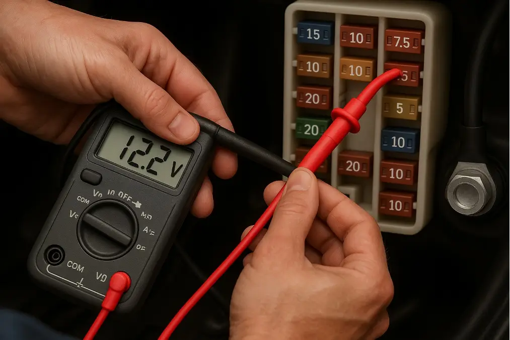 A technician using a multimeter to carefully test fuse slots in a modern car's fuse box