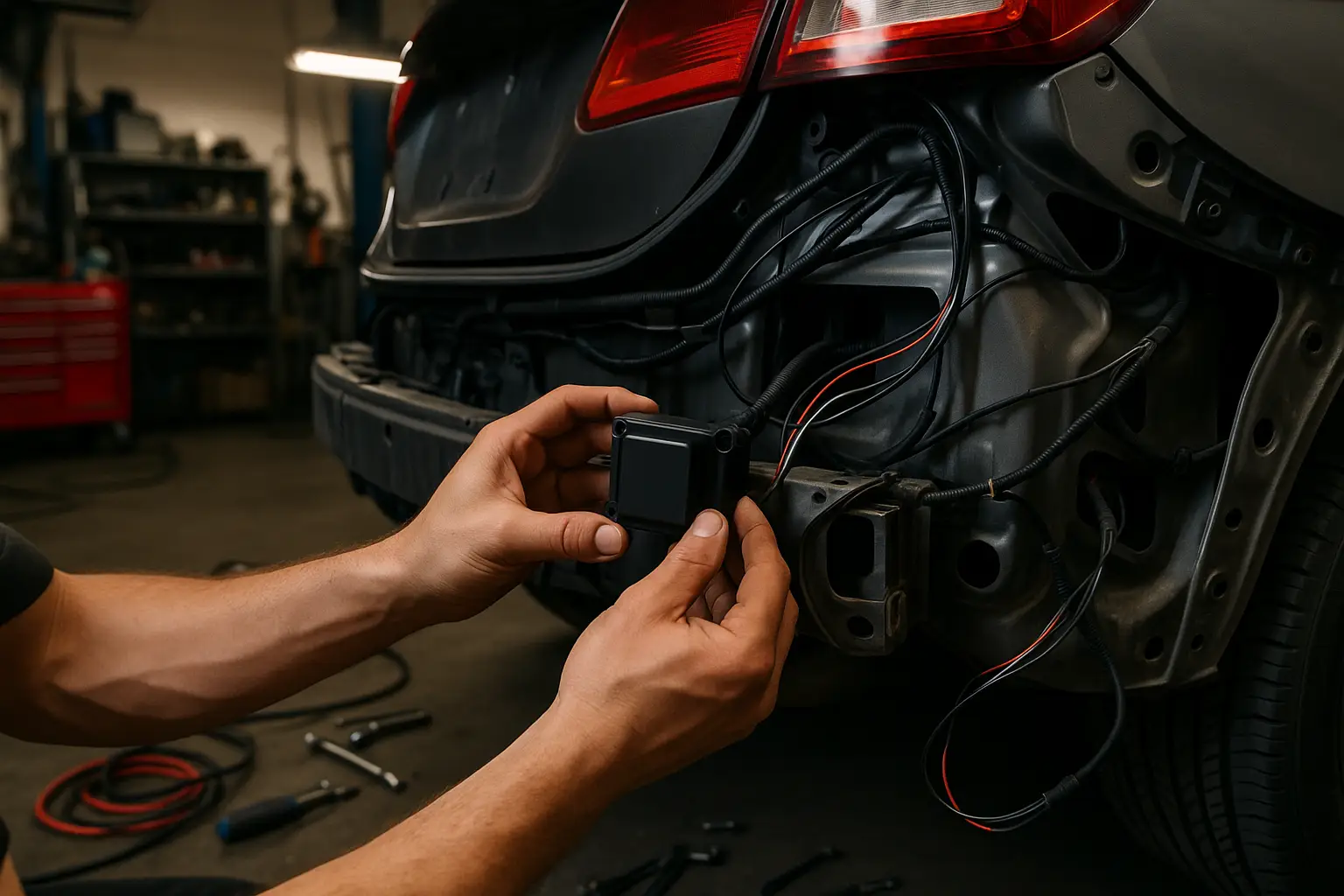 An aftermarket blind spot sensor being professionally installed inside a car's rear bumper