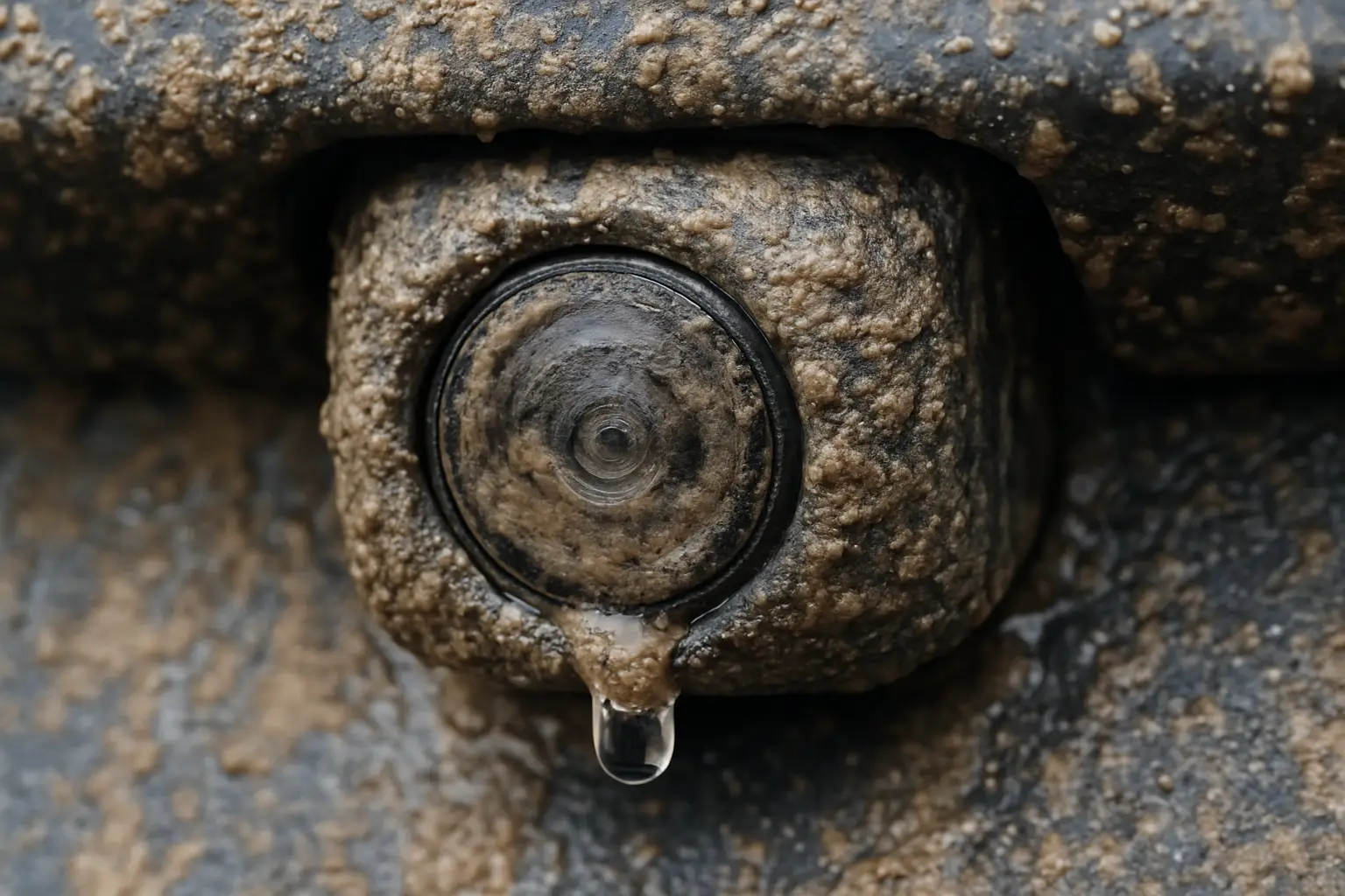A dirty rear-view camera lens covered in mud