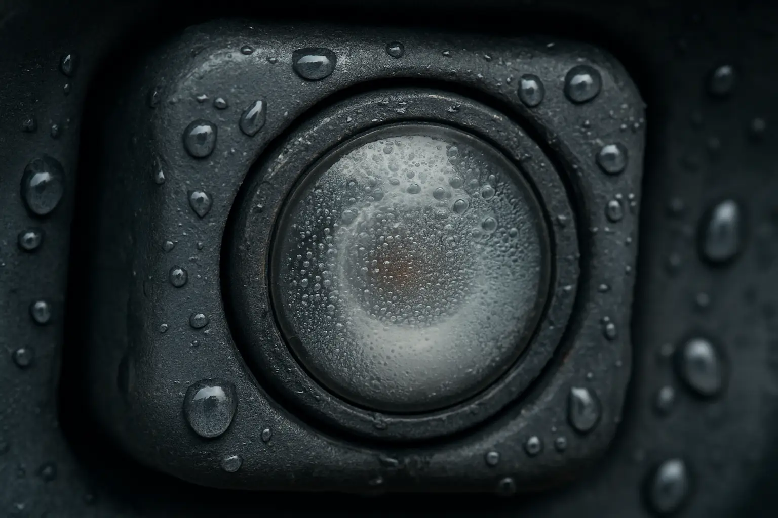 A backup camera lens with visible water droplets condensed on the inside
