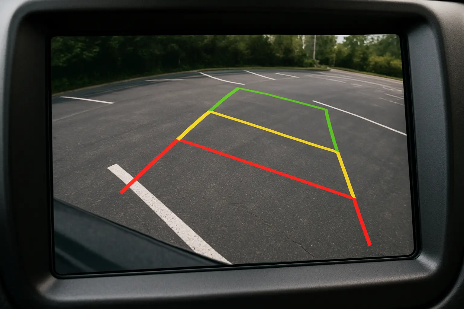 A backup camera view that is off-center, making parking lines look crooked