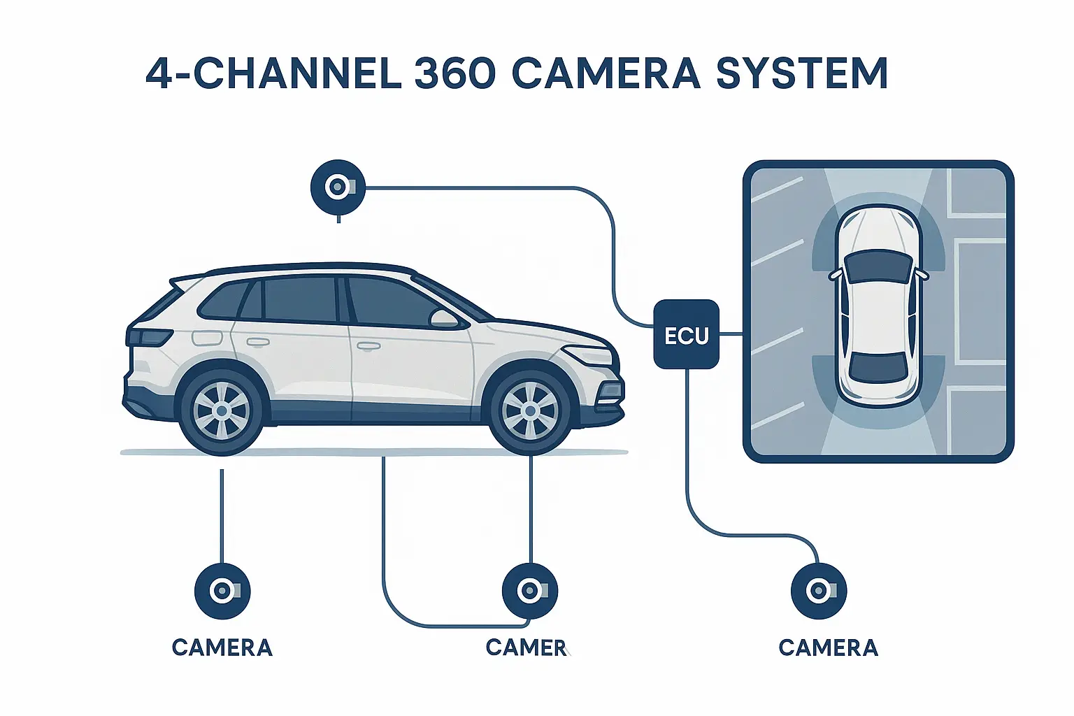 A graphic showing a car with four cameras and the resulting 360 bird's-eye view on a screen