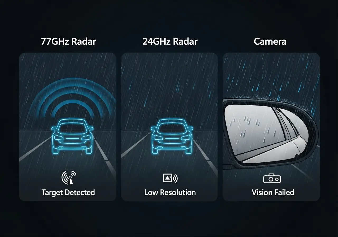 An infographic comparing the performance of 77GHz radar, 24GHz radar, and cameras in heavy rain