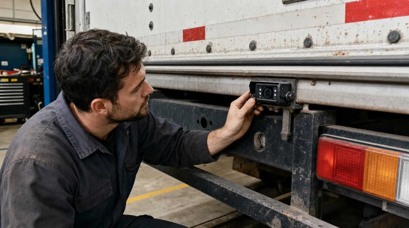 technician checking a backup camera not working on a commercial vehicle