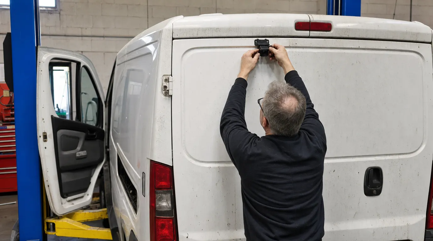Older car and commercial vehicle upgraded with modern safety technology including backup camera, sensors, and monitor