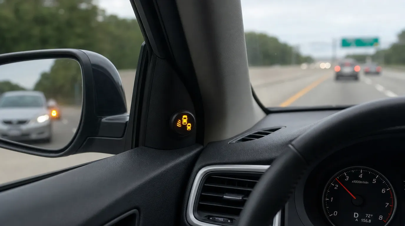 aftermarket blind spot sensor warning light installed near driver view