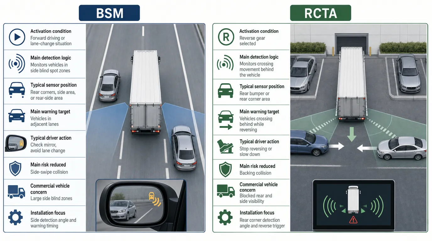 Technician checking rear corner sensor position for blind spot monitoring and rear cross traffic alert installation