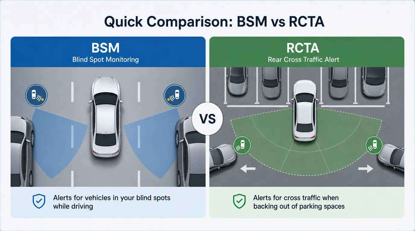 Comparison of blind spot monitoring during lane changes and rear cross traffic alert while reversing