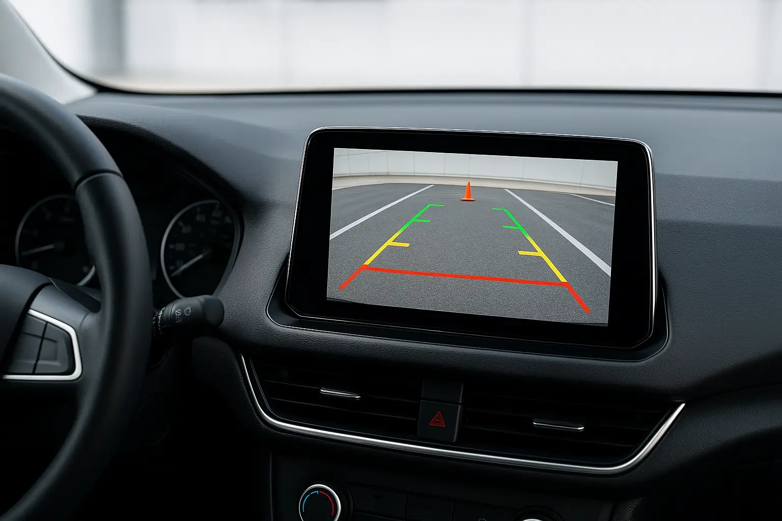 A perfectly calibrated backup camera screen showing accurate guidelines