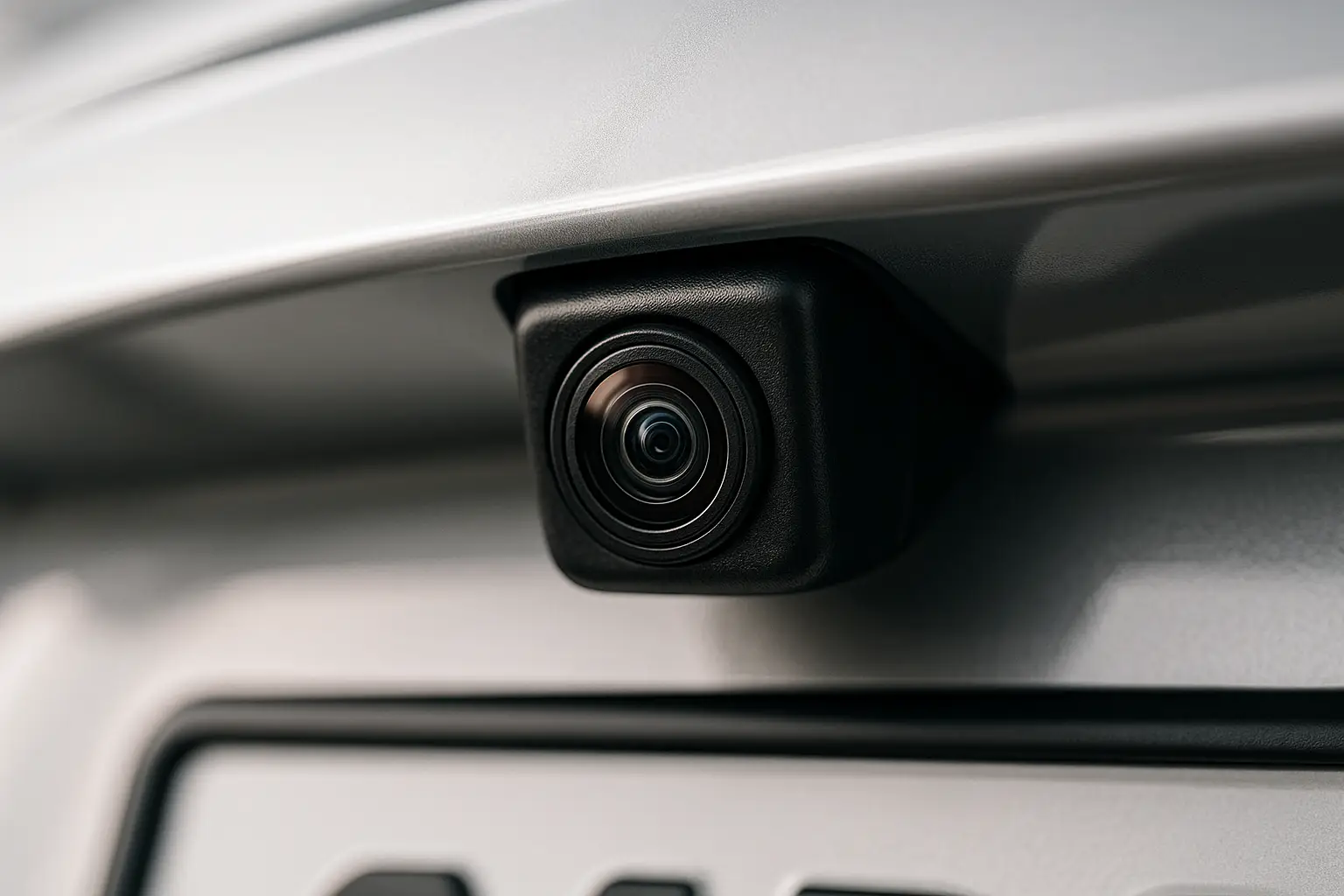 A car's rear bumper showing the small backup camera lens