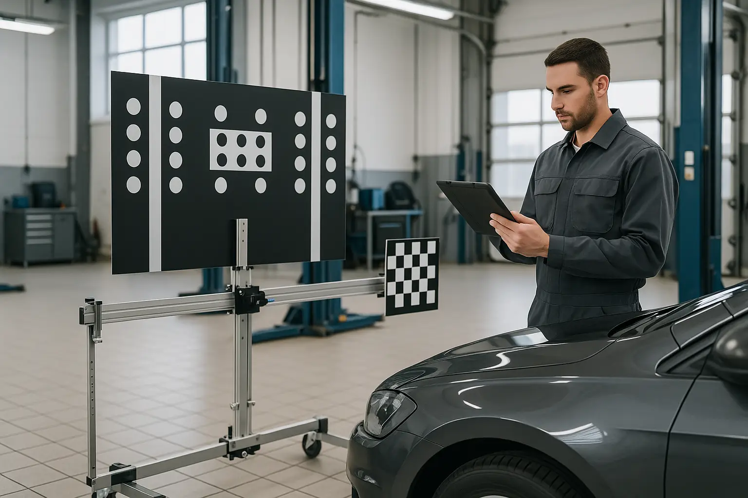 A mechanic using a professional ADAS calibration tool in a workshop