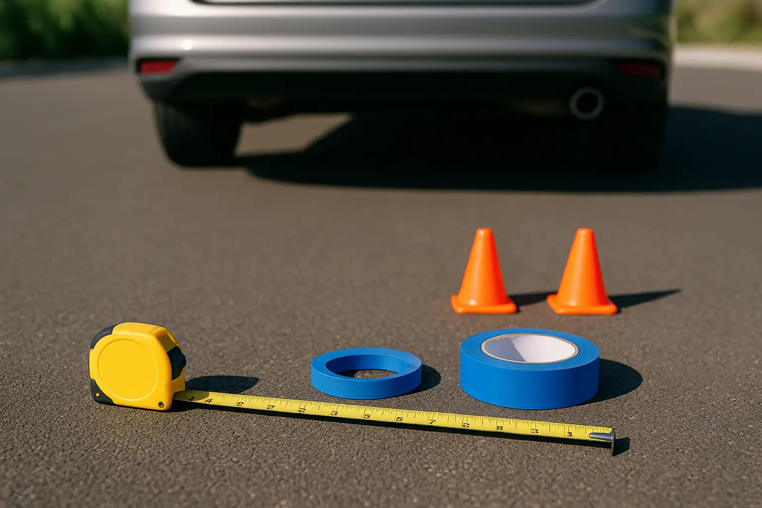 Tools for DIY camera calibration like a measuring tape and cones on the ground
