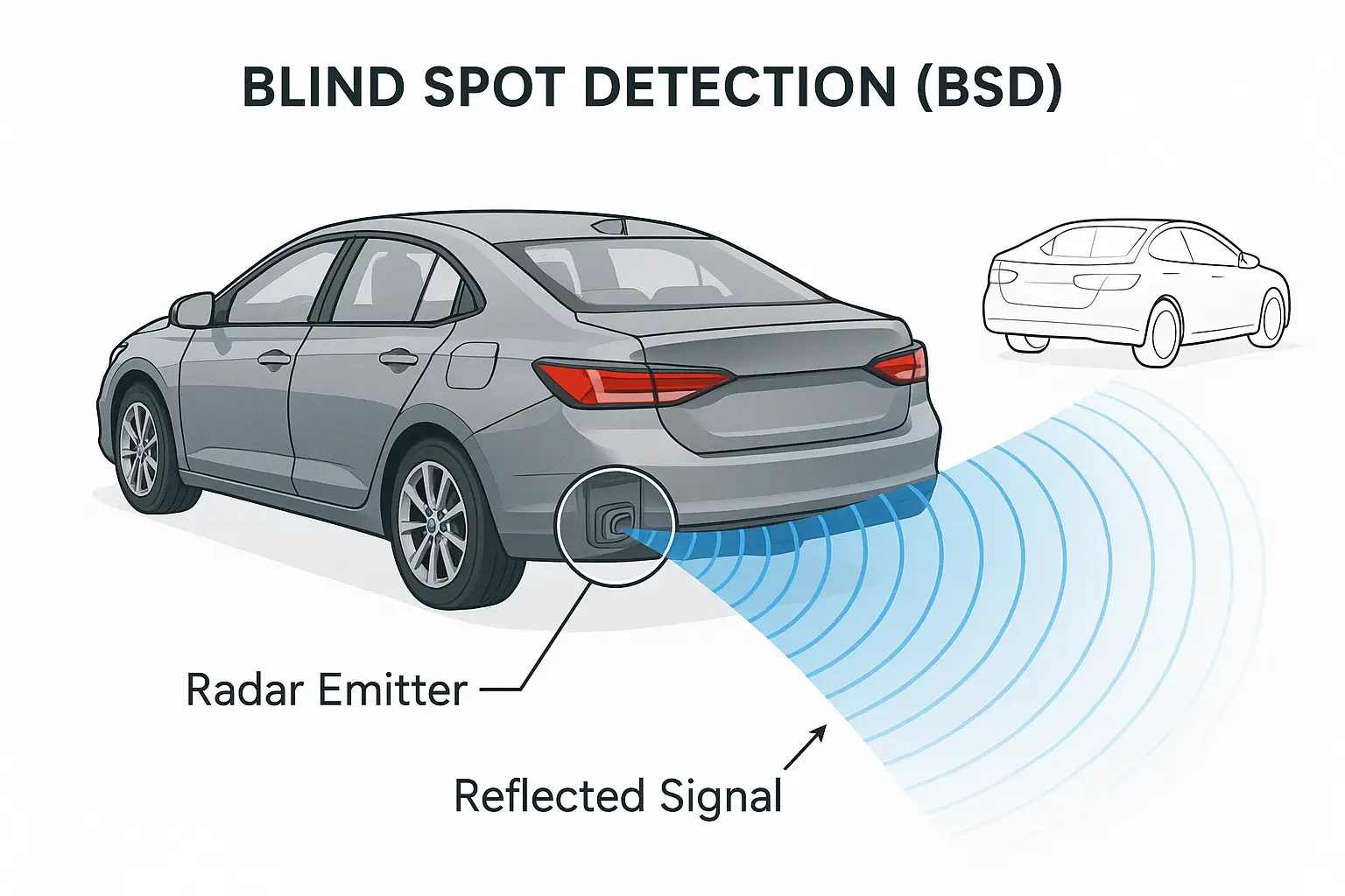A detailed diagram showing radar waves emitting from a car's bumper