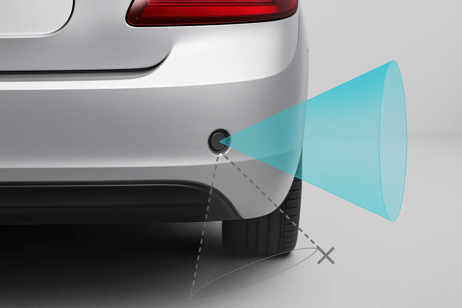 A view of a car's rear bumper showing the location of radar sensors